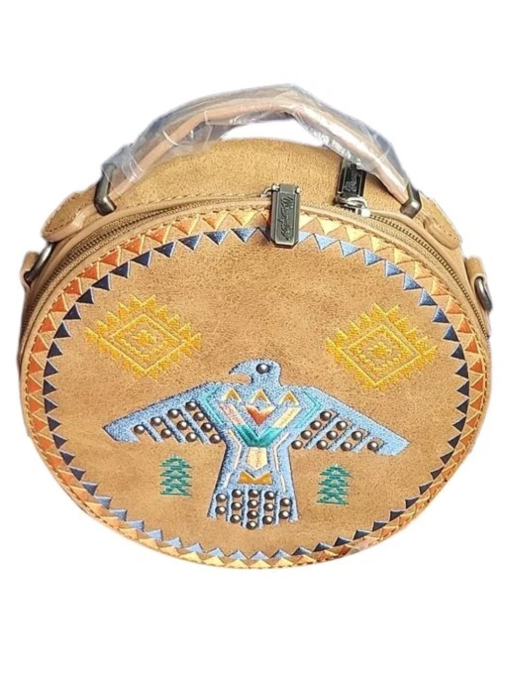 NWT Wrangler Boho/Western Embroidered Round Suede Like Crossbody Bag - Tan
